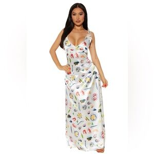 Fashion Nova Mila Printed Satin Maxi Dress - White/combo size small